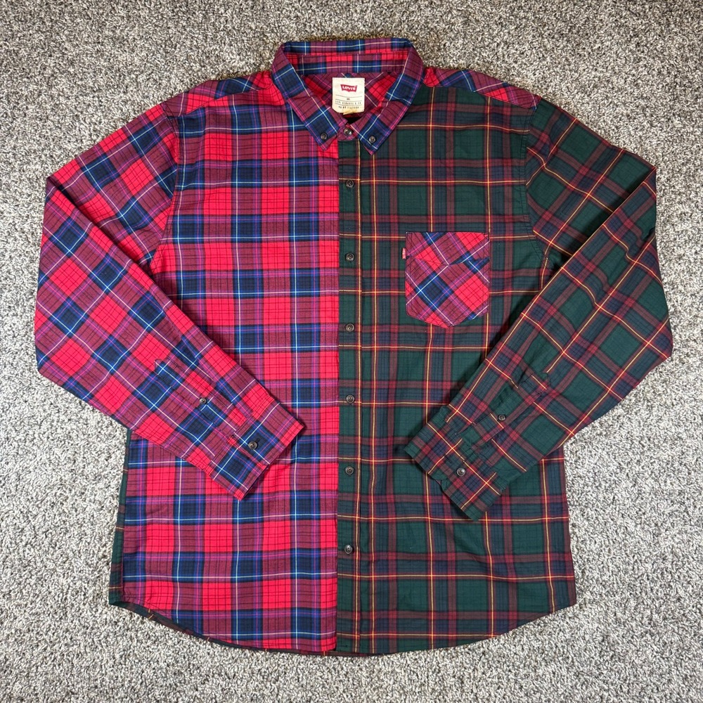 Levis Men's XXL Multi-Tartan Red Green Plaid Split Colorblock Button Down Shirt